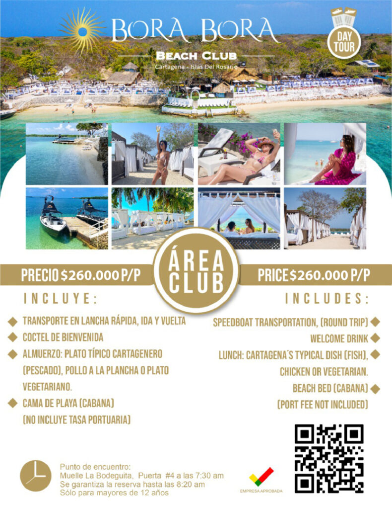 Tour a Bora Bora Beach Club, club privado en Cartagena, lejos de vendedores  y playas abarrotadas. – Viajes Okay